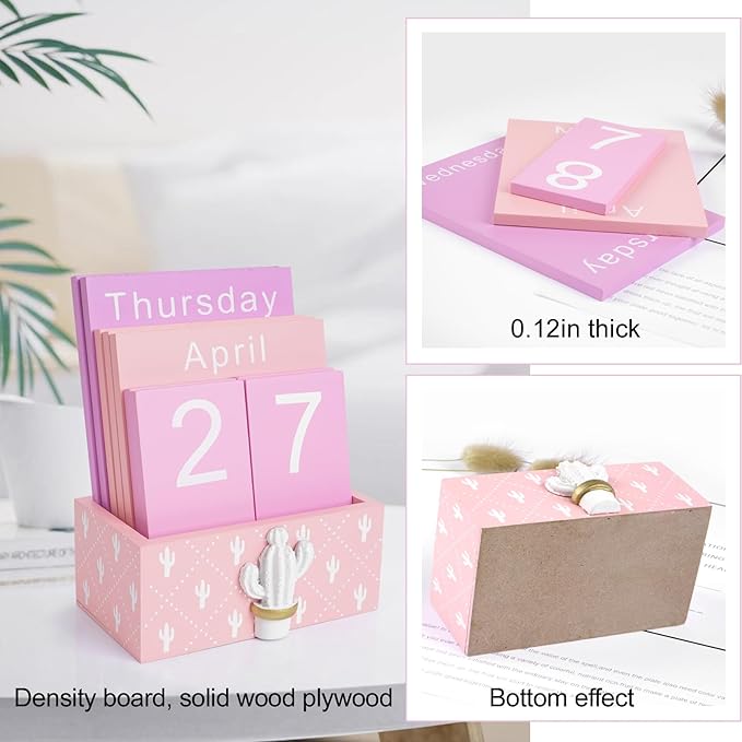 Notakia Perpetual Calendar Wooden Blocks Vintage Wood Block Calendar for Home Office Desk Accessories Week Month Date Display (Pink Calendar)