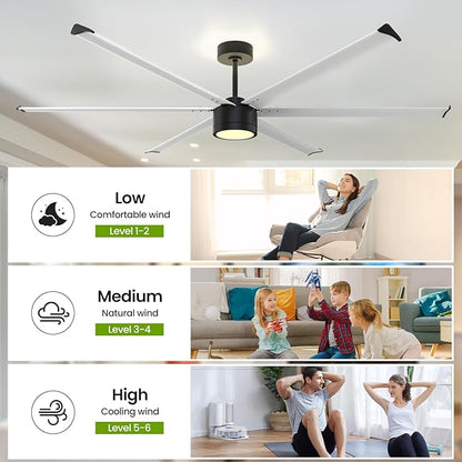 84 Inch Industrial Ceiling Fan with Light,2 Downrods,6-Speed,Large Ceiling Fan with Remote and APP,6 Reverisble Aluminum Blades,Outdoor Ceiling Fans for Patios/Shop/Garage/Commercial Black