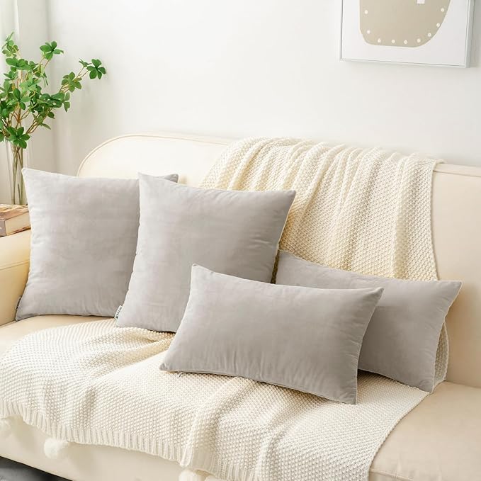 HWY 50 Silver Gray Velvet Throw Pillow Covers 18x18 Inch, Pack of 2 Soft Cozy Solid Decorative Luxury Cushion Cases for Couch Sofa Bed Living Room Bedroom