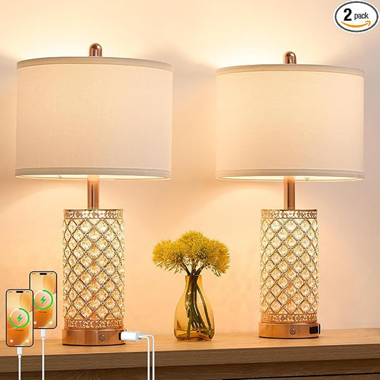 Crystal Table Lamps Modern 3-Way Dimmable Bedside Lamp with 2 USB Ports & AC Outlets for Living Room Bedroom Nightstand Lamp Night Light (Rose Gold-2 Pack 24In)