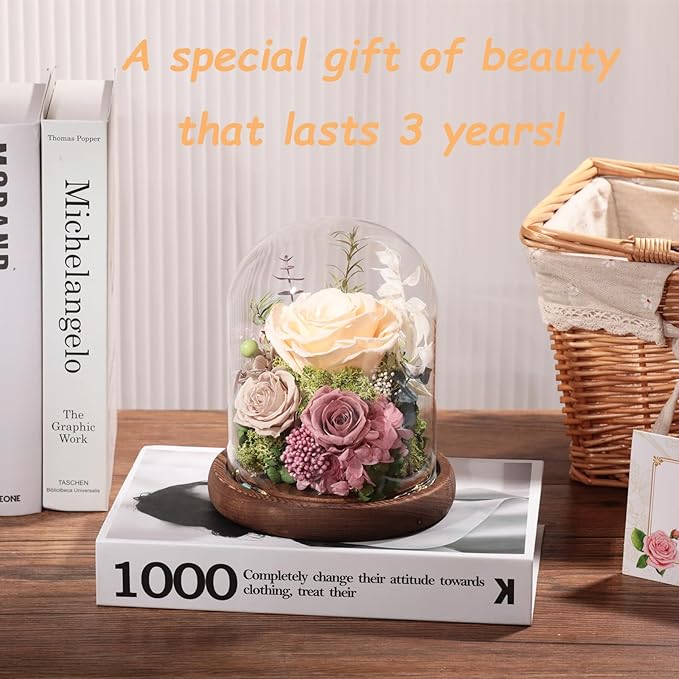 Lovenfold Flowers for Delivery Preserved Rose Gifts for Her,Forever Roses Flowers in Glass Dome,Birthday Gifts for Women Mom Wife Friend(Champagne Rose)