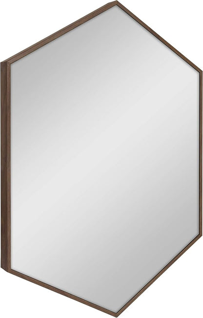 Kate and Laurel Rhodes Mid-Century Modern Hexagon Wall Mirror, Walnut Brown, 31x22-Inches