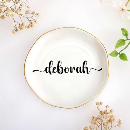 JoycuFF Deborah Personalized Name Ceramic Jewelry Tray, Mothers Day Christmas Anniversary Engagement Birthday Gifts for Women Couples, Trinket Dish for Rings Earrings Necklaces Bracelets Keys