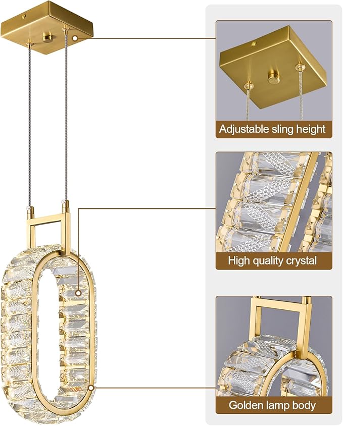 Kitchen Island Mini Light Fixture Modern Led Crystal Pendant Light Gold Oval Chandelier for Dining Room Living Room Kitchen Bedroom Bar（1-Pack