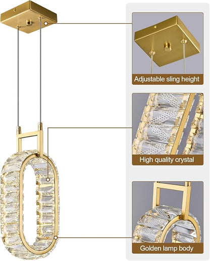Kitchen Island Mini Light Fixture Modern Led Crystal Pendant Light Gold Oval Chandelier for Dining Room Living Room Kitchen Bedroom Bar（1-Pack