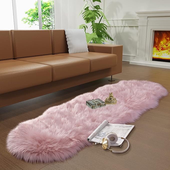 Faux Fur Rug for Bedroom, Fluffy Runner Rugs Soft Sheepskin Rug Sofa Couch Seat Cushion, 2x6ft Grey Plush Area Rug Shag Rugs Floor Carpets for Nursery Bedside, Cute Shaggy Fuzzy Home Decor