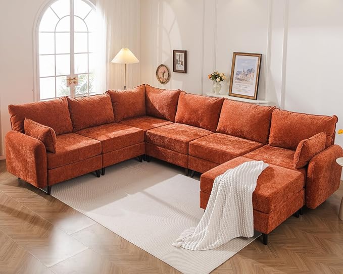 Modular Sectional Sofa with Seats Storage, Oversized L Shaped Couch,6-Seaters Comfy Couches for Living Room,Cloud Couches with Deep Seat,Movable Ottoman,Chenille,Orange