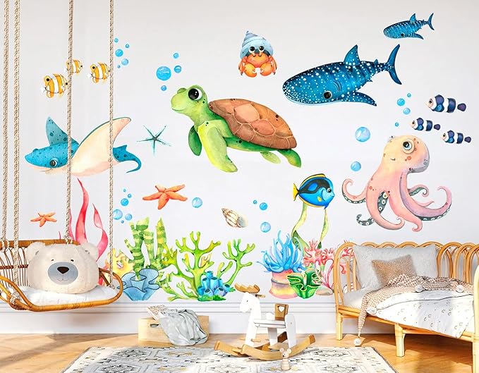 Watercolor Ocean Animals Wall Decal - Cartoon Underwater Fun with Turtle, Whale, and Octopus, Removable Reusable Peel-and-Stick Fabric Stickers for Kids' Room Décor(Small)