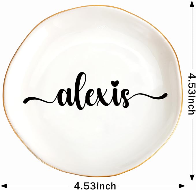 JoycuFF Alexis Personalized Name Ceramic Jewelry Tray, Mothers Day Christmas Anniversary Engagement Birthday Gifts for Women Couples, Trinket Dish for Rings Earrings Necklaces Bracelets Keys