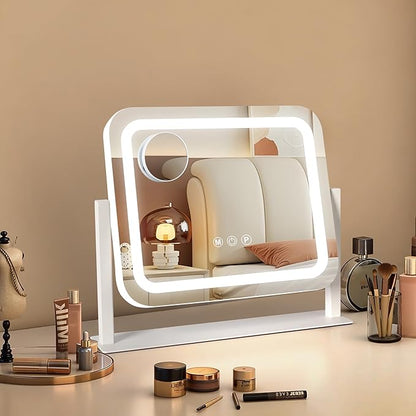 Vanity Mirror with Lights 14"×12", Led Makeup Mirror, Lighted Makeup Mirror with 3 Color Dimmable Lights, Smart Touch Screen Control, 360°Rotation