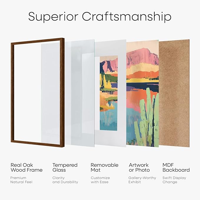 Homeforia 12 x 18 Walnut Wood Frame, High End Dark Oak 12x18 Brown Picture Frame with Mat 8.5x11 Photo, 12 x 18 Wooden Poster Frame Matted to 8.5 x 11, 18x12 Frames, Tempered Glass, Wall Kit, Set of 1
