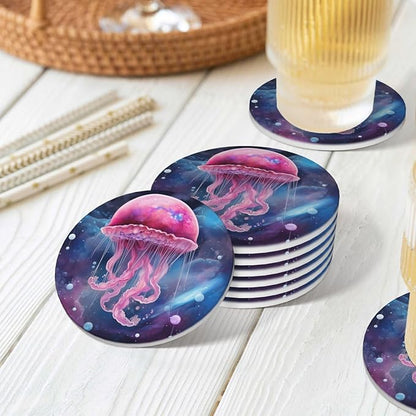 6 Pcs Ceramic Coasters with Holder Absorbent Drink Round Fantasy Galaxy Gellyfish Design for Home Table Coffee Cup Wine Beer Bar,Size 4.4 inches