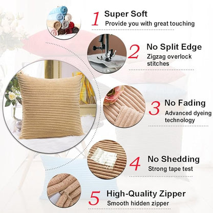 Home Brilliant 18x18 Throw Pillow Covers Decorative Set of 2 Soft Velvet Corduroy Striped Square Cushion Cover for Bench Couch Decor, 18 x 18 inch, Taupe
