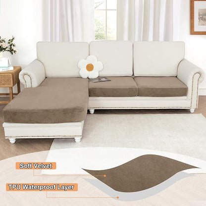 NAISI Waterproof Couch Cushion Covers Thick Velvet Fabric Washable Sofa Slipcovers Sectional Couch Covers for 3 Pieces Separate L Shape Couch Cover with Elastic Bottom(2 Seater + 1 Chaise,Sand)