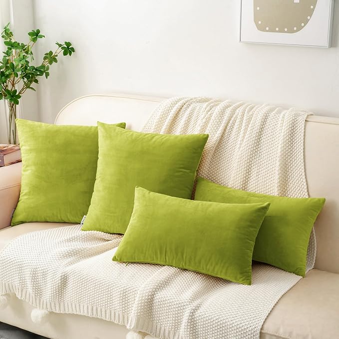 HWY 50 Leaf Green Velvet Throw Pillow Covers 20x20 Inch, Pack of 2 Soft Cozy Solid Decorative Luxury Cushion Cases for Couch Sofa Bed Living Room Bedroom