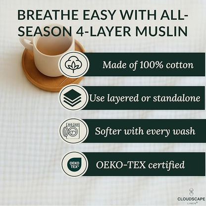 Luxury 100% Cotton Muslin Throw Blanket, 4 Layer Extra Large 50x70in, Perfect for Couch, Sofa, Home Decor, Soft Cotton Gauze Travel Blanket, Winter Cozy Throw, All Season White