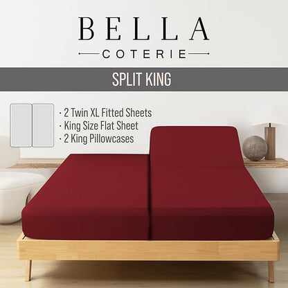 Bella Coterie Luxury Bamboo Viscose Split King Size Sheet Set | 2 Fitted Sheets for Sleep Number & Adjustable Beds | 100% Organically Grown | Cooling & Ultra Soft | 18” Deep Pocket [Merlot]