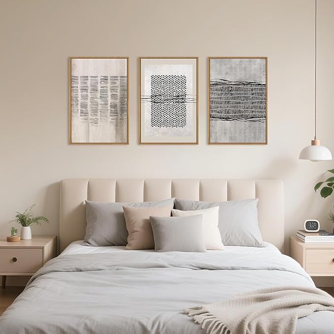 Large Abstract Black and Beige Framed Canvas Wall Art,Minimalist Geometric Lines Wall Decor,Cozy Neutral Shapes Artwork,Modern Lines Dots Art Print for Living Room,Bedroom,Office- 24"x36"x3