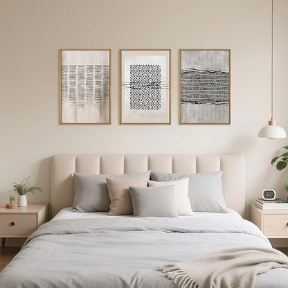Large Abstract Black and Beige Framed Canvas Wall Art,Minimalist Geometric Lines Wall Decor,Cozy Neutral Shapes Artwork,Modern Lines Dots Art Print for Living Room,Bedroom,Office- 24"x36"x3