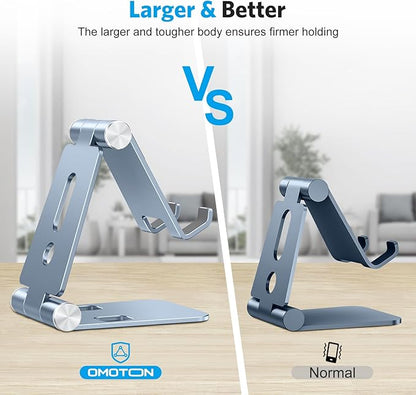 OMOTON Foldable Cell Phone Stand, C4 Portable Aluminum Phone Holder, Adjustable Phone Dock Cradle Compatible with iPhone 17/16/15 Pro Max Air, Samsung Galaxy, Small Tablets, Smart Phones, Light Blue