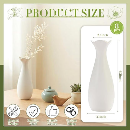Qinyoung White Ceramic Bud Vase Set of 8, 8'' Small White Flower Vase for Centerpieces Floral Decor for Wedding Party Dining Table Home Decoration(Stylish)