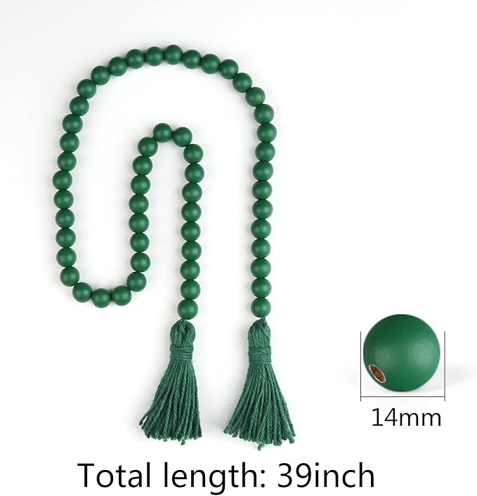St Patrick's Day Wood Beads Garland with Tassels Farmhouse Beads Rustic Prayer Beads Boho Beads for Boho Home Decor,Wall Hanging Decoration (Deep Green)