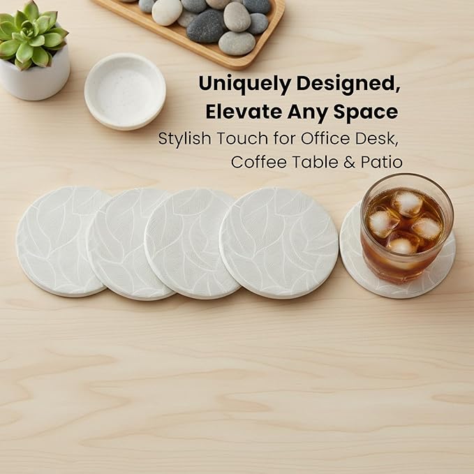 Ceramic Absorbent Coasters Set of 6 with Holder, Marble Drink Coasters for Coffee Table, Water Absorbing Coaster (Leaf)