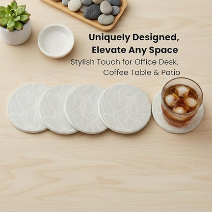 Ceramic Absorbent Coasters Set of 6 with Holder, Marble Drink Coasters for Coffee Table, Water Absorbing Coaster (Leaf)