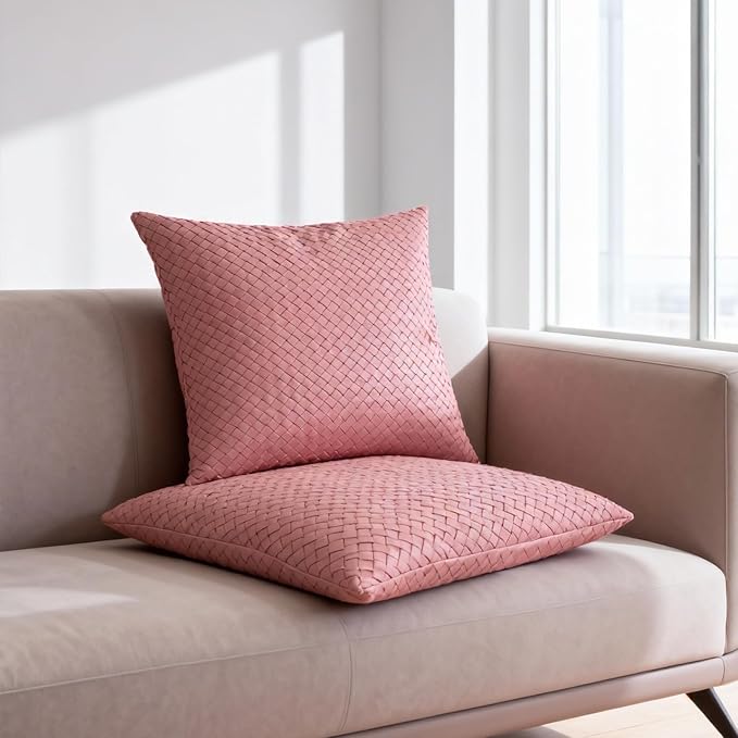 Faux Leather Throw Pillow Cover 18X18 Inch Set of 2 Woven Pink Outdoor Modern Farmhouse Solid Decorative Pillow Covers for Room Couch Living Bedroom Bed Sofa