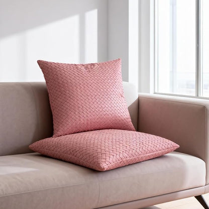 Faux Leather Throw Pillow Cover 18X18 Inch Set of 2 Woven Pink Outdoor Modern Farmhouse Solid Decorative Pillow Covers for Room Couch Living Bedroom Bed Sofa