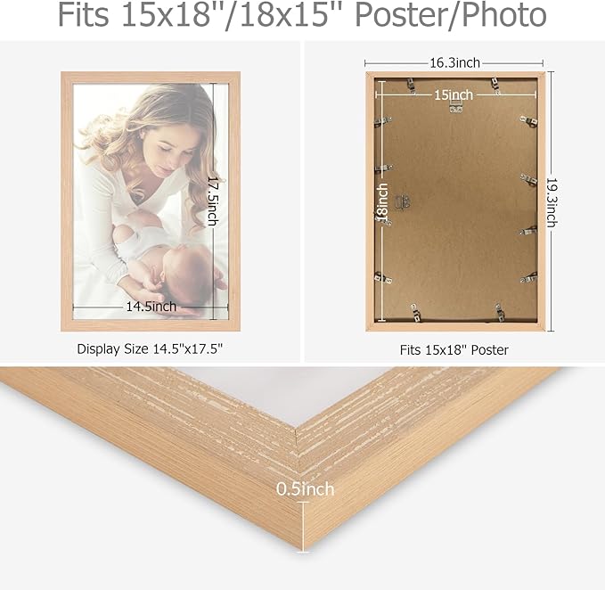 15x18 Frame Natural Woodgrain, 18x15 Picture Frame Beige, Rustic Poster Frame, Large 15 by 18 Gallery Family Concert Portrait Photo Frame Anniversary/Birthday/Wedding/Thank you/Christmas Gift