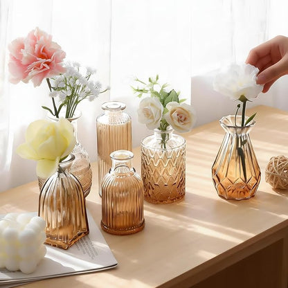 Vintage Gradient Amber Glass Bud Vase in Bulk 12, Rustic Small Flower Vases Set for Table, Mantel, Centerpieces, Wedding, Decorative Embossed Mini Vase Bottles for Home, Party, Baby Shower