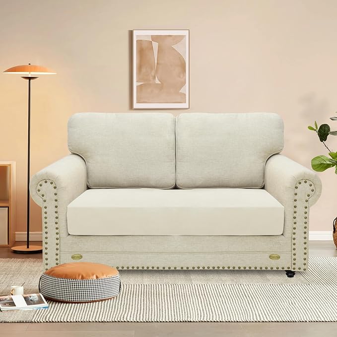 MAXIJIN Velvet Stretch Couch Cushion Covers Soft Loveseat Cushion Cover Replacement Sofa Seat Cushion Slipcovers RV Protector with Elastic Bottom (1 Piece Loveseat Cushion Cover, Beige)