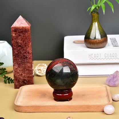 JIC Gem Large Healing Crystal Ball with Decoation Stand African Bloodstone Gemstone Sphere Ball for Meditation Energy Reiki Ball (100-110mm)