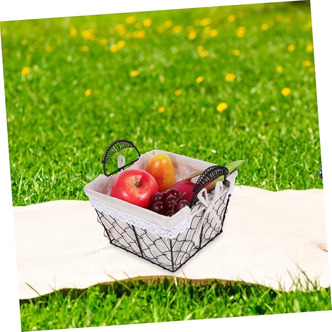 Iron Wire Fruit Basket with Handle Cotton Lined Storage Organizer for Kitchen and Home Multifunctional Tabletop Bread and Snack Holder Stylish Decorative Wire Basket for Household