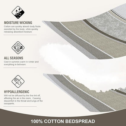 Oversized Queen Bedspread Quilt 120" x 102", 100% Cotton Lightweight Bed Spreads Coverlet Set Farmhouse Bedding Cover, 3 Piece, Brown/Gray/Beige