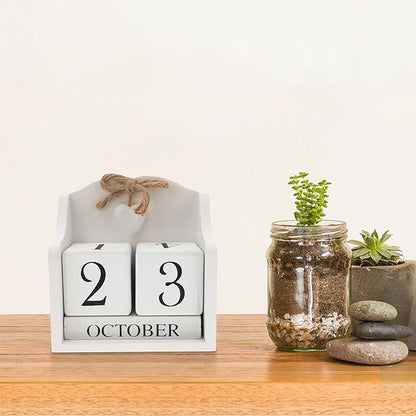 ULTNICE Wooden Perpetual Calendar Decorative Block for Home and Office Rustic European Style Date Display with White Finish Ideal Photography Prop and Desk Accessory (5.7 X 5.9 in)