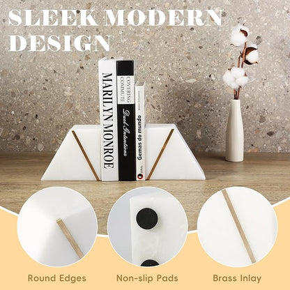 Natural Marble Bookends for Shelves, Decorative Book Ends for Heavy Books, Heavy Duty Mid Century Modern White and Gold Stone Book Holders with Brass Inlay, Unique Bookshelf Stopper Decor, Set of 2