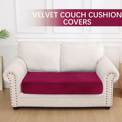 hyha Velvet Couch Cushion Covers, Soft Sofa Seat Covers for sectional 2 Cushion Couch Washable, Magic Sofa Slipcover with Elastic Bottom, Non-Slip Furniture Protector for Pets, Kid(Medium, Wine Red)