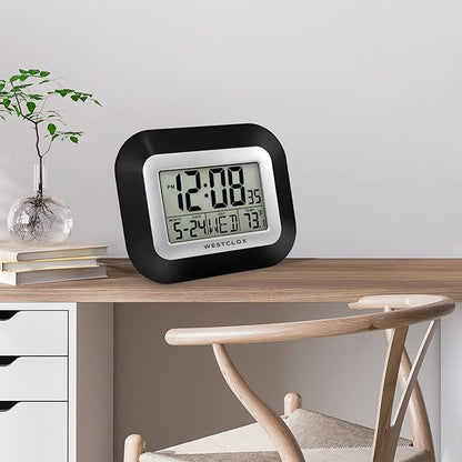 Westclox Large Digital Wall Clock Battery Operated with Temperature Date and Day of Week with Alarm | Modern Digital Desk Clock for Office Kitchen Bedroom or Living Room | Black