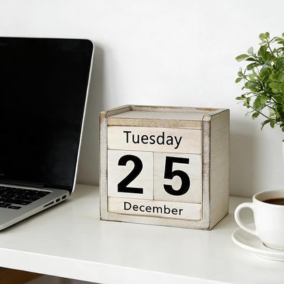 Rustic Wooden Perpetual Block Calendar Daily Desk Calendar for Coffee Table Decor Teachers Students Classroom Office Accessories Farmhouse Entryway Bookshelf Decoration