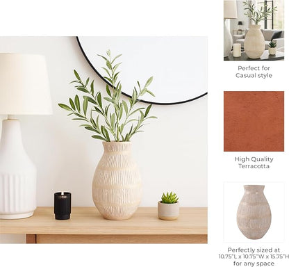 Ceramic Flower Vase for Living Room Decor – Decorative Terracotta Vase with Bold Textured Form for Fresh Flowers or Pampas Grass – Home Centerpiece for Bedroom, Table, or Office Decor – 16" Ivory