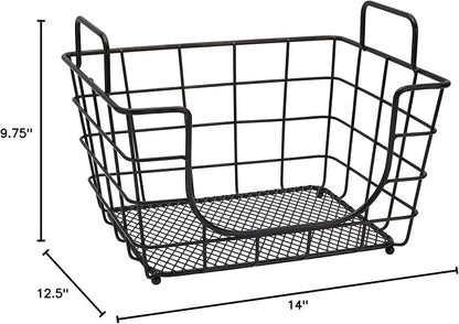 Gourmet Basics by Mikasa Madam Metal Stacking Nesting Rectangular Basket with Acacia Wood Lid, Space Saving Kitchen, Bathroom & Office Organizer, Antique Black