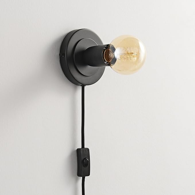 BRIGHTTIA Luna 1-Light Plug-in Wall Sconce - Mid Century Modern Minimalist Bedroom Home Office Lighting - Portable Wall Lamp for Apartments & Small Spaces with No J-Box - Matte Black (BW0026-1BP)