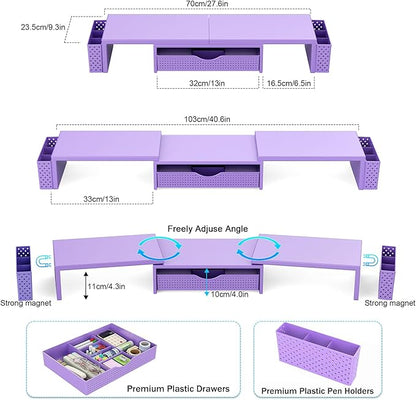 Spacrea Metal Desk Organizers and Accessories, Dual Monitor Stand Riser with Drawer and 2 Pen Holders, Desk Accessories & Workspace Desktop Organizers for Office Supplies (Purple)