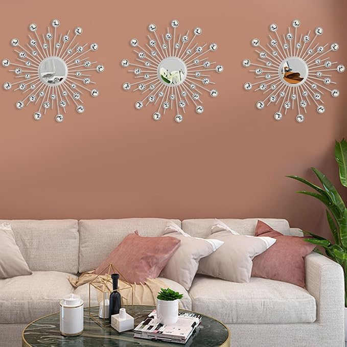 Uaussi 3 Pack Crystal Sunburst Wall Mirror Décor Rhinestone Mirrors Decorative Home Wall Art for Living Room Bedroom Entryway(Crystals Silver)