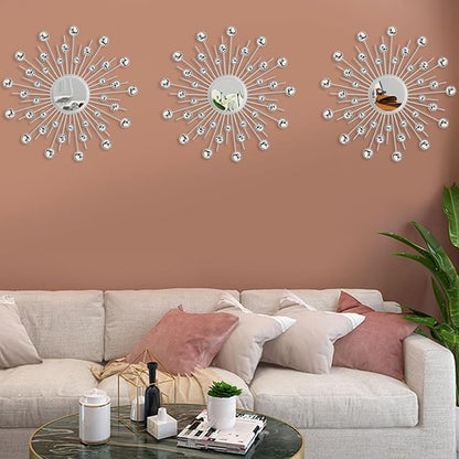 Uaussi 3 Pack Crystal Sunburst Wall Mirror Décor Rhinestone Mirrors Decorative Home Wall Art for Living Room Bedroom Entryway(Crystals Silver)