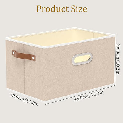 Yawinhe Fabric Storage Bins with Handles, Foldable Baskets for Shelves, Cubes with 3 Handles, Large Boxes for Clothes, Beige, 16.9''Lx11.8''Wx10.2''H, 4-Pack