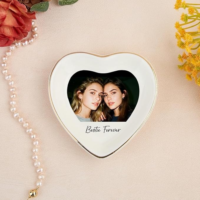 Chillever Personalized Besties Photo Ring Dish, Custom Jewelry Dish Gift for Besties, Soul Sister Trinket Gift for Long Distance Friendship Women BFF Christmas Birthday Wedding Gifts DS3