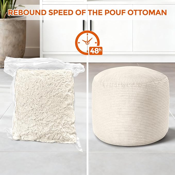 Pouf Ottoman Foot Rest, Comfortable & Soft, Round Footstool Ottoman for Living Room, Bedroom, Office, Room Decoration, Corduroy Foot Stool Pouf with Odorless & Anti-Clump Filling, Small Beige